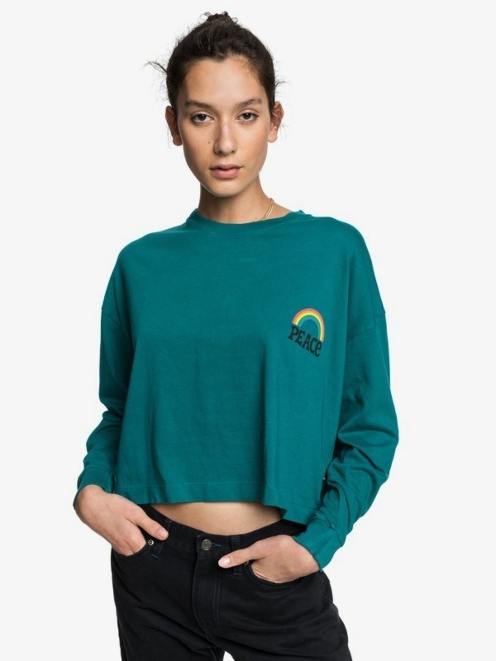 Quiksilver Teal Cropped Long-Sleeve Top with Rainbow 'Peace'